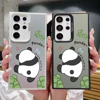 Headless Panda Pattern Square Phone Case for Samsung S24 S22 Ultra S23 S21 S20 Fe A54 A53 A52 Shockproof Slim Anti-Fall Laser Imd Hard Cover Samsung S24 серый