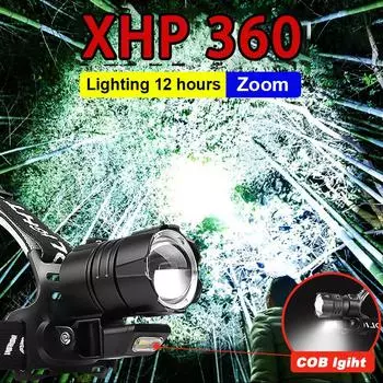 Налобный фонарь XHP360 LED Lamp Zoomable Headlamp Adjustable Lantern COB Lights Portable Head Lamp Long Range Head Flashlight A-Headlamp