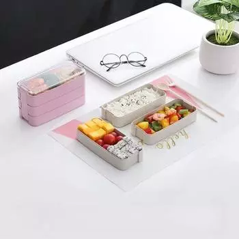Healthy Material Lunch Box for Kids 3 Layer Wheat Straw Leakproof Bento Lunchbox with Tableware Microwave Food Storage Container розовый