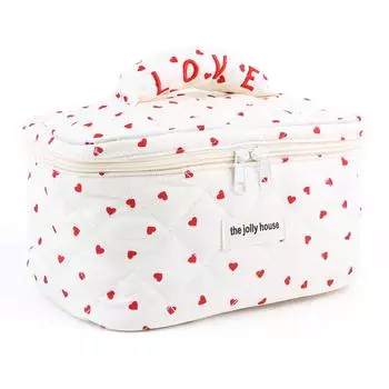 Heart Pattern Quilted Makeup Bag Cotton Makeup Organizer Bag for Women (Red) QDE