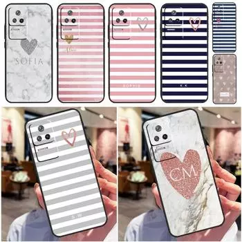 Heart Striped Custom Initials Name For POCO X4 GT F4 M4 X3 Pro F3 M5 Case For Xiaomi 12T Pro 11T 13 12S 12X 11 12 Lite Cover POCO X4 GT