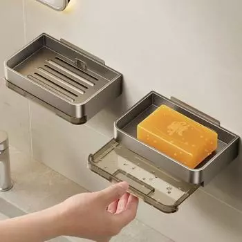 Heavy Duty Wall-mounted Soap Dish Self Adhesive Carbon Steel Soap Drain Box with Drain Water Rust Prevention Soap Dish Holder серый