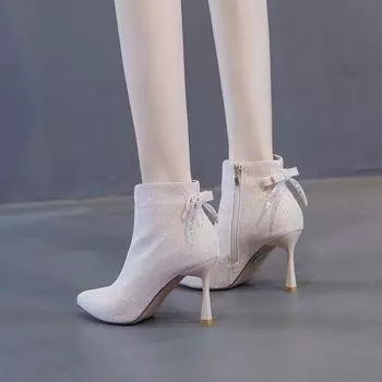 Heel bow celebrity high heels short boots women 2024 new Internet celebrity thin boots thin heel single boots Martin boots 34