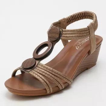 Heeled sandals thick-soled lady 2024 summer casual soft-soled mom shoes large Bohemian Retro Fashion Rome 35 чёрный