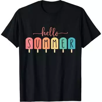 Hello Summer Vacation Ice Cream Popsicle Ice Lolly Gift T-Shirt Unisex Summer Soft Tops Kawaii Clothes Shirts for Women S бежевый