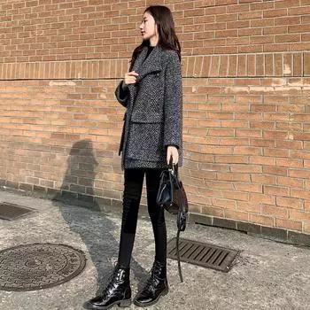 Herringbone Woolen Coat for Women In Autumn and Winter Versatile New Plaid Loose Mid-length Small Woolen Coat S