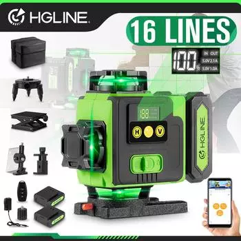 HGLINE 4D 16-линейный зеленый лазерный уровень, самовыравнивающийся, горизонтальный и вертикальный, 360°, с дистанционным управлением через приложение 30 м 2xBattery-EU Plug