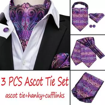 Hi-Tie Фиолетовый Paisley Ascot Галстук Набор Шелк Широкий Галстук Носовой платок Запонки для свадьбы AS-1005