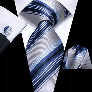 Hi-Tie Галстук-платок Набор запонок Голубой полосатый жаккардовый комплект для свадебной вечеринки N-3922