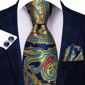 Hi-Tie модные мужские синие желтые галстуки с узором пейсли, носовые запонки для деловой свадьбы N-3368 синий/золотой