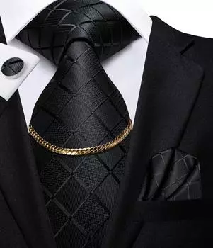 HI-Tie мужские черные пледы и клетки галстук-цепочка шелковый галстук носовой платок запонки для деловой свадьбы N-1758 чёрный