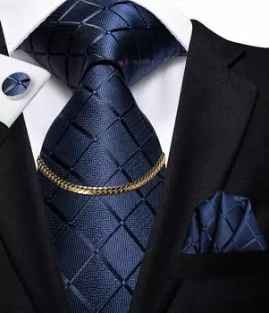 HI-Tie мужские синие пледы и клетки галстук-цепочка шелковый галстук носовой платок запонки для деловой свадьбы N-1656 синий
