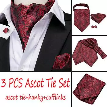 Hi-Tie, новый модный мужской галстук Ascot, красный галстук с узором пейсли и платком, комплект запонок, шелковый широкий галстук AS-1002