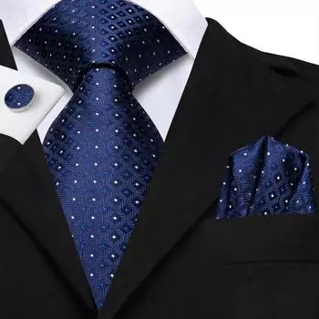 Hi-Tie Синий Жаккардовый Мужской Шелковый Галстук в Клетку Классический Галстук Запонки Носовой Платок Набор N-3338