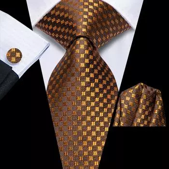 Hi-Tie темно-золотой клетчатый жаккардовый мужской шелковый галстук Классический галстук-запонка Набор носовых платков N-3460