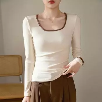 High Elastic Fine Thread Cotton Square Collar T-shirt Women s Long Sleeve Autumn and Winter New Shoulder Contrast Color Inside with A Base Shirt Top S