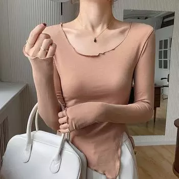 High Elastic Threaded Cotton Rolled Edge Irregular Slit T-shirt Women s Long-sleeved Autumn New Tight-fitting Bottoming Shirt S
