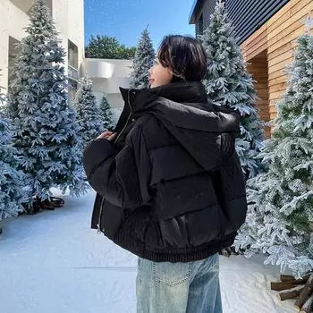 High-end 90 white duck down design sense splicing short down jacket women s winter new hooded warm thickened bread jacket S розовый