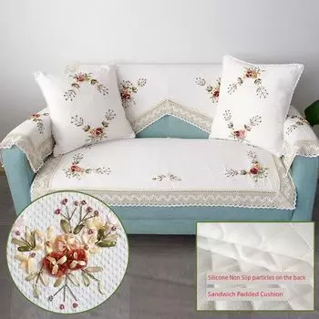 High-End Embroider Sofa Back Towel All Year Round Neutral Minimalist Modern Cotton and Linen Fabric Non Slip White Towel Single Towel Non Slip Milky White azaleas Hand towel 75*55