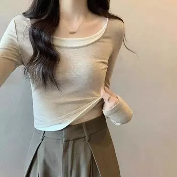 High-end outfit for little people bottoming shirt T-shirt autumn and winter inner wear irregular color matching U-neck long-sleeved clavicle top S