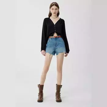 High-end retro fringed denim color-contrast embroidery high-waist denim shorts 25 синий