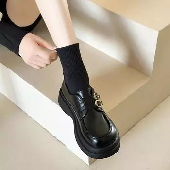 High-end small leather shoes for women, new platform shoes in autumn and winter, velvet black shoes for women 35 чёрный