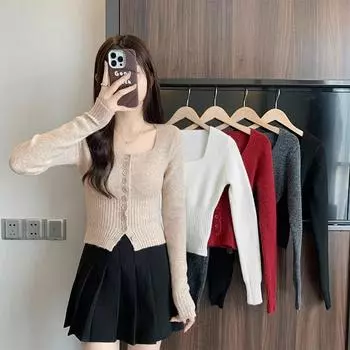 High-end square neck knitted cardigan for women 2024 winter soft waxy sweater with pure lusty dark gray bottoming top One Size