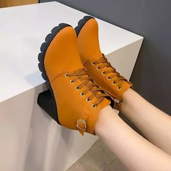 High heel belt buckle women s shoes autumn and winter new thick heel round head short boots women s side zipper lace-up women s boots 35