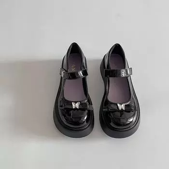 High-heeled bow platform small leather shoes summer new fashion with skirt retro shallow mouth Mary Jane single shoes 35