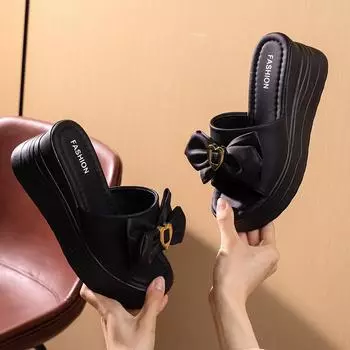 High-heeled slippers women s summer platform outer wear fashion wedge heel shoes one-word drag versatile bow muffin shoes 35 чёрный