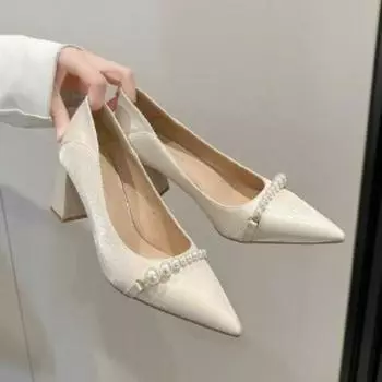 High-heeled Women s Thick Heels, White Pearl Bridal Shoes, Women s Daily Shoes for Spring 2025, Bridal Shoes for Women 35 покинуть белый
