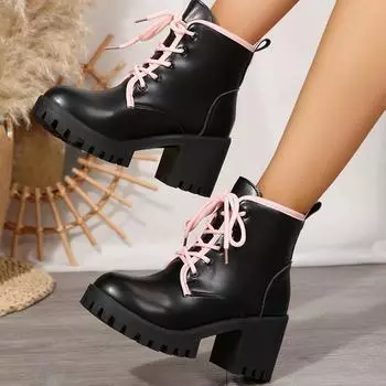High Heels Ankle Women Platform Snow Boots Leather Shoes Casual Sneakers Winter 2025 Trend Lace Up Chunky Fashion Botas Mujer 36 чёрный