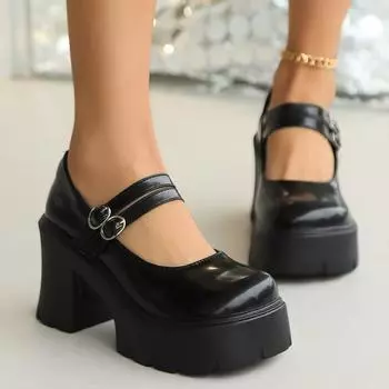High Heels Chunky Mary Jane Shoes for Women 2024 Vintage Buckle Strap Platform Pumps Woman Pu Leather Thick Heeled Lolita Shoes 35 чёрный