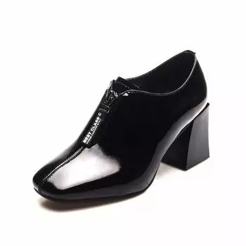 High heels early spring new square head front zipper square heel thick heel women s shoes first layer cow patent leather single shoes 35