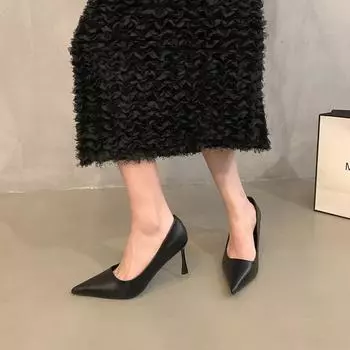 High heels French temperament socialite women s shoes 2024 new spring black simple pointed light mouth stiletto shoes 34 чёрный