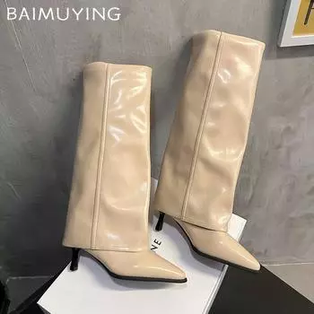 High Heels Leather High Boots Women Knee High Pointed Toe Shoes Woman Trend Winter Chelsea Boots New Pumps Snow Gladiator Botas 35 бежевый