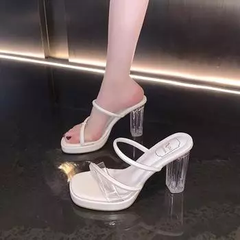 High heels women s 2024 summer new transparent sandals with thick heel, crystal heel with cool slippers 35