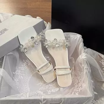 High heels women s 2025 new sandals thick heel summer wear exquisite crystal word with high sense fashion shoes 35
