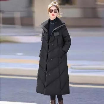 High luxury long white duck down jacket women s 2024 winter fashion knitted lapel thickened over knee profile jacket tide S коричневый