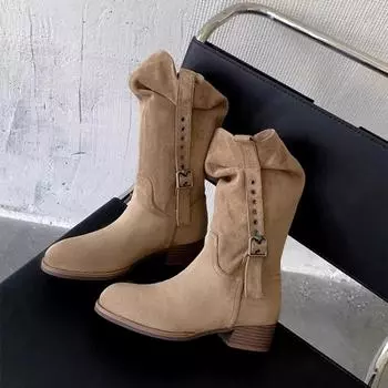 High mercerized cow flip stack boots women s medium boots autumn and winter new round head thick heel sleeve belt buckle single boots 35
