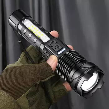 High Power Rechargeable LED Flashlight With Side Light, Torch Light For Outdoor Camping, Hiking Light High Light Flash Light XHP50