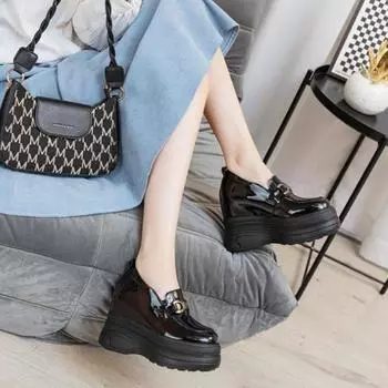 High quality 11CM Patent Genuine Leather Spring Autumn Women Platform Wedge Cushioned Ankle Boots Fashion Pumps High Brand Shoes 33
