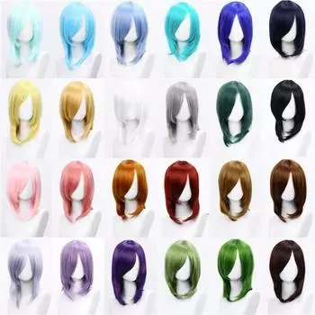 High Quality 40cm Medium Cosplay Wig With Bang Blond Pink Red Purple Blue Gray Heat Resistant Synthetic Hair Wigs