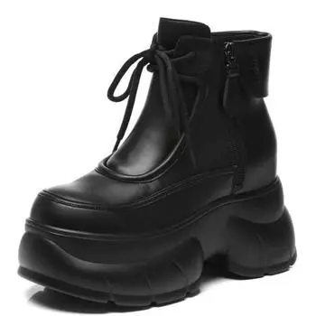 High quality 8CM Microfiber Genuine Ankle Booties Chimney Shoes Genuine Leather ZIP Boots Women Autumn Motorcycle Spring Fashion 34 чёрный