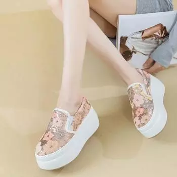 High quality 8cm Synthetic Platform Wedge Flats Shoes Chunky Sneaker Casual Bling Leather Comfy High Brand Spring Autumn Shoes 33