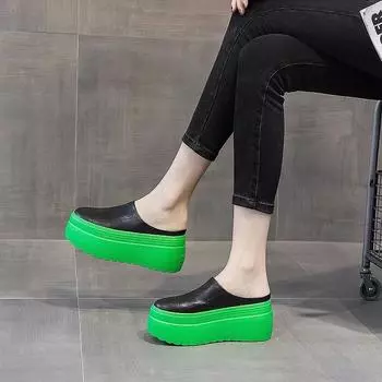 High quality 8cm Women Shoes Mules Genuine Leather Gereen White Black Platform Shoes Sandals Slippers Slides Women Summer Shoes 33