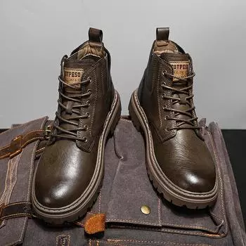 High-quality Leather High-top Shoes 2024 Autumn New Men Casual Shoes Fashionable and Comfortable Outdoor Non-slip Men s Boots 44 39 чёрный