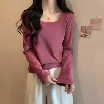 High Quality Long Sleeved T-shirt for Women In Autumn Slim Fit Square Collar Top Versatile Solid Color Base Shirt M