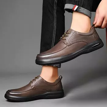 High Quality Men Oxfords Shoes Lace Up Spring Autum Genuine Leather Men Fashion Business Casual Man Shoe Breathable Chunky Shoes 38 чёрный