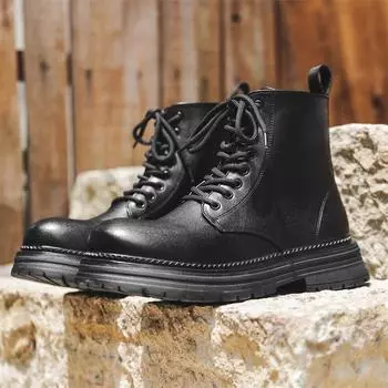 High Quality Thick Soled Platform Men Round Toe Boots Designer Casual Leather High Top Boots Fashion Comfy Outdoor Ankle Boots 38